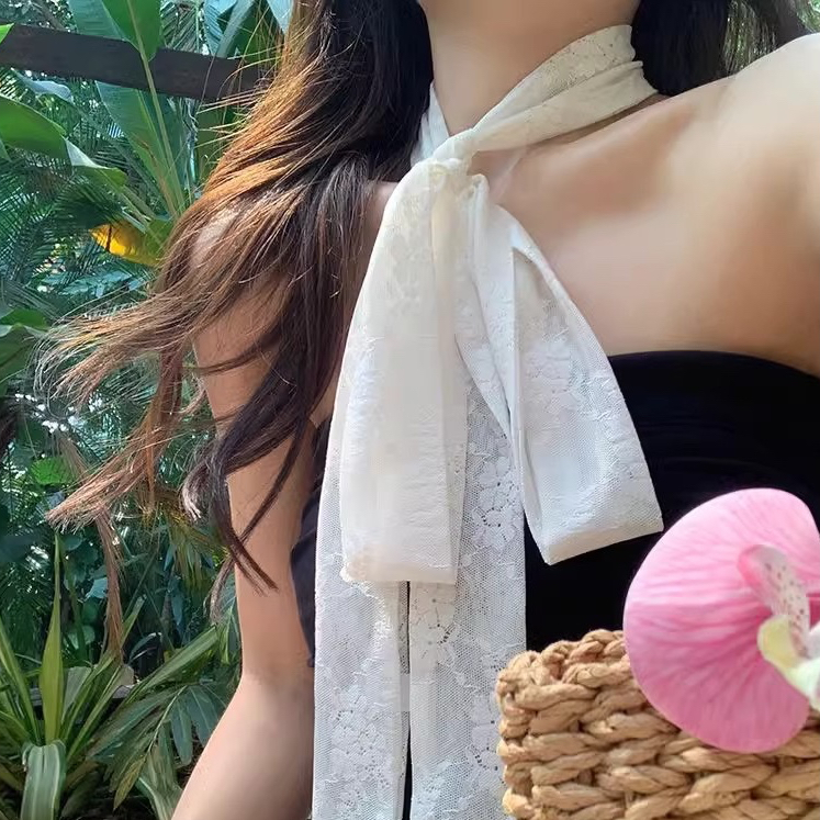 ฤดูใบไม้ผลิและฤดูร้อนใหม่แฟชั่นฝรั่งเศสอเนกประสงค์ลูกไม้สีขาวดอกไม้แถบยาวชั้นผ้าพันคอไหมสําหรับผู้หญิง