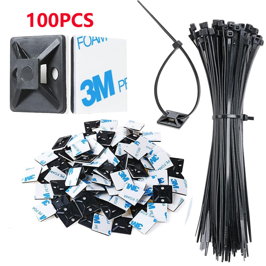 100แพ็ค3เมตรกลับ-กาวกาวตนเองสีขาวที่แข็งแกร่งสายซิปผูกเมา100ชิ้นที่มีผูก,กลางแจ้งเหนียวลวดยึดสายคลิปการจัดการ สมอ ผู้ถือจัดตาราง