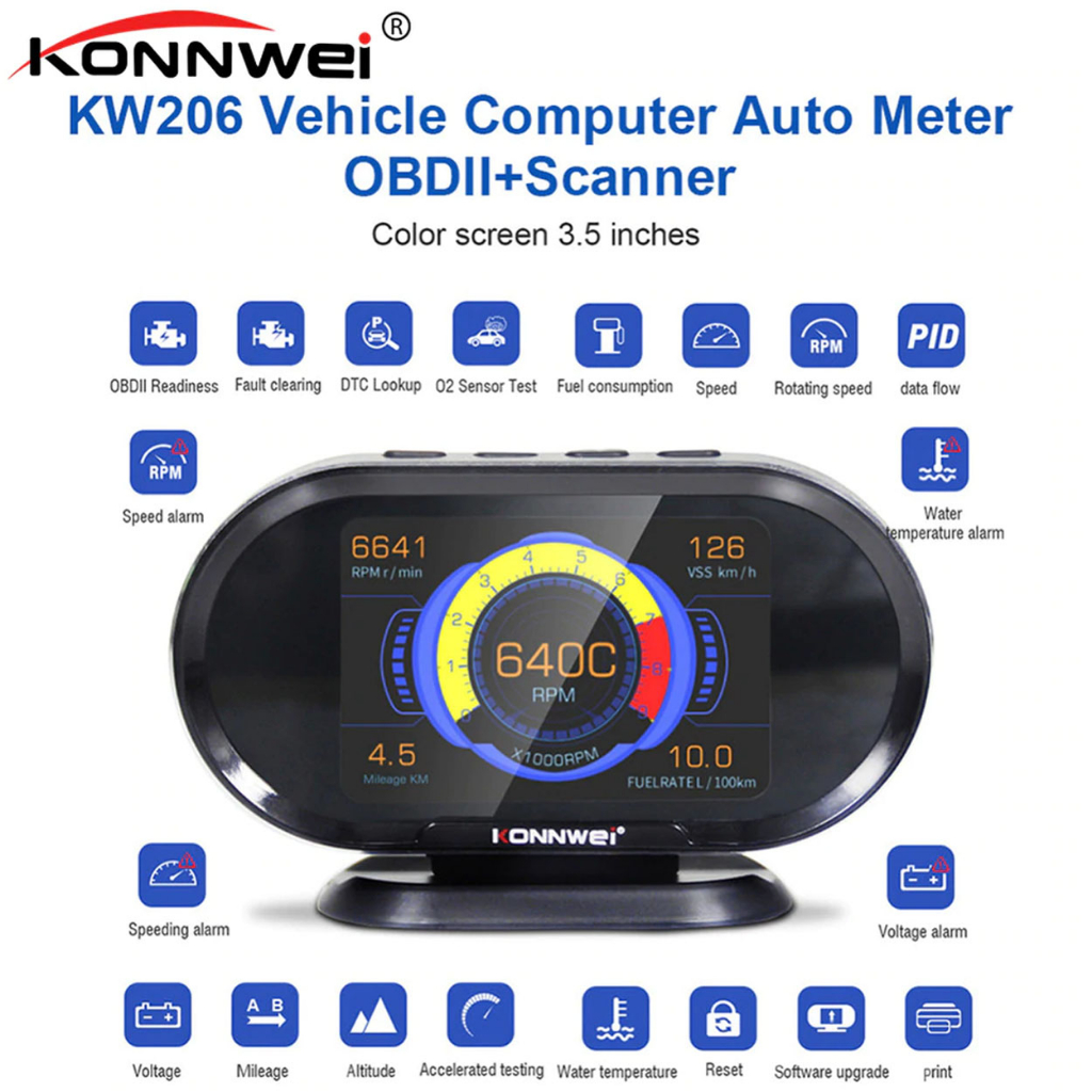 ใหม่ KONNWEI KW206 OBD2 On-Board คอมพิวเตอร์คอมพิวเตอร์ดิจิตอลอัตโนมัติ OBD2 เครื่องสแกนเนอร์การใช้เชื้อเพลิงเครื่องวัดอุณหภูมิน้ําจอแสดงผล