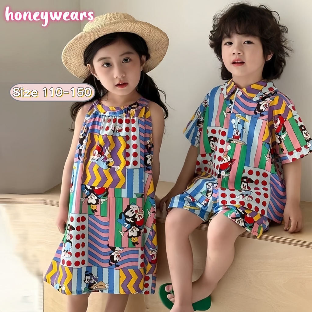 honeywears⚡️พร้อมส่ง⚡️ชุดเสื้อเชิ้ตฤดูร้อนสําหรับเด็ก ชุดพี่ชายและน้องสาว ชุดชายหาดแบบสบายๆ สไตล์เกาหลี ไซส์ 110-150