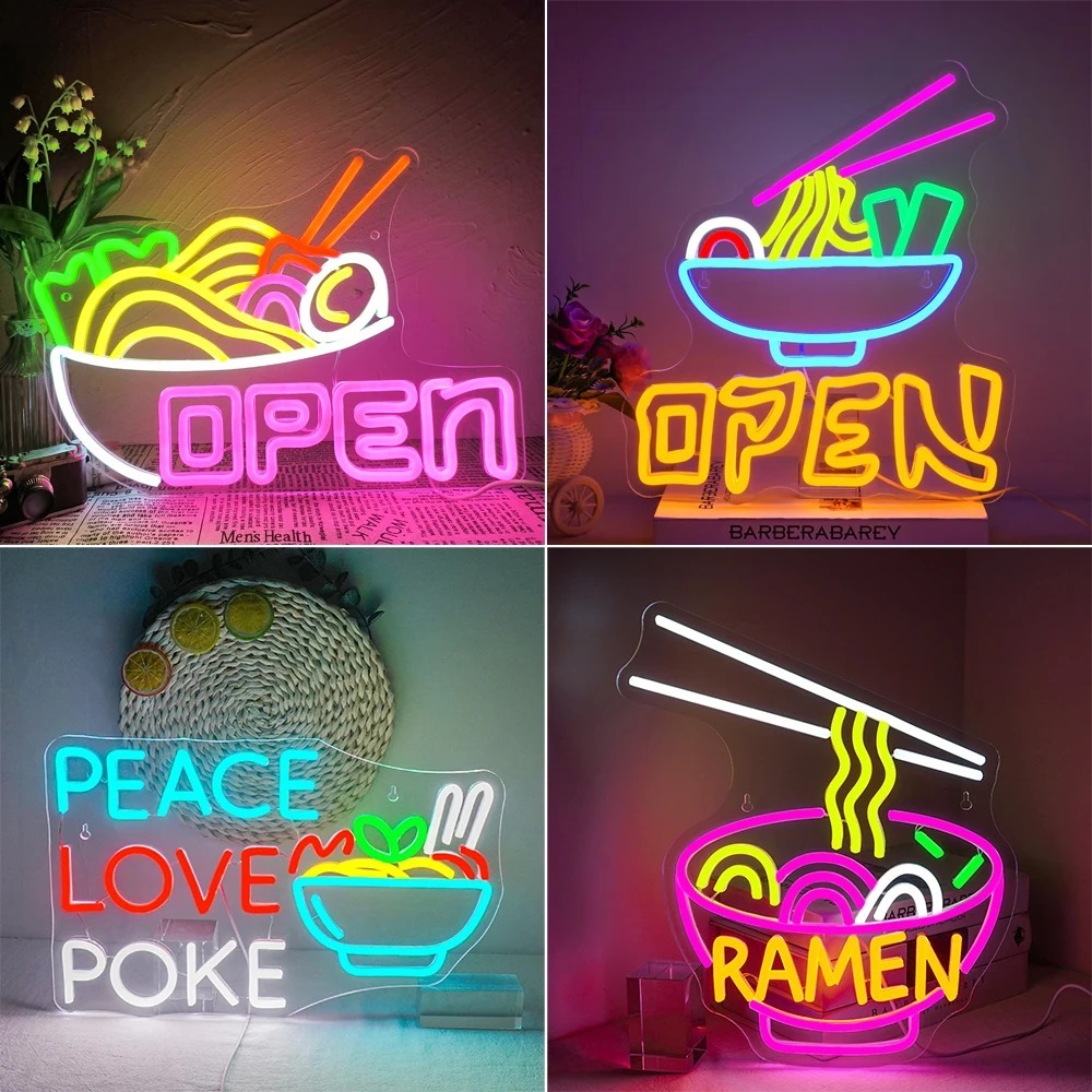Ramen เปิดป้ายนีออน Light Noodle Shop Led ตกแต่งห้องร้านค้าตกแต่งหน้าต่างสําหรับร้านอาหารอาหารธุรกิจป้ายร้าน USB 5 V