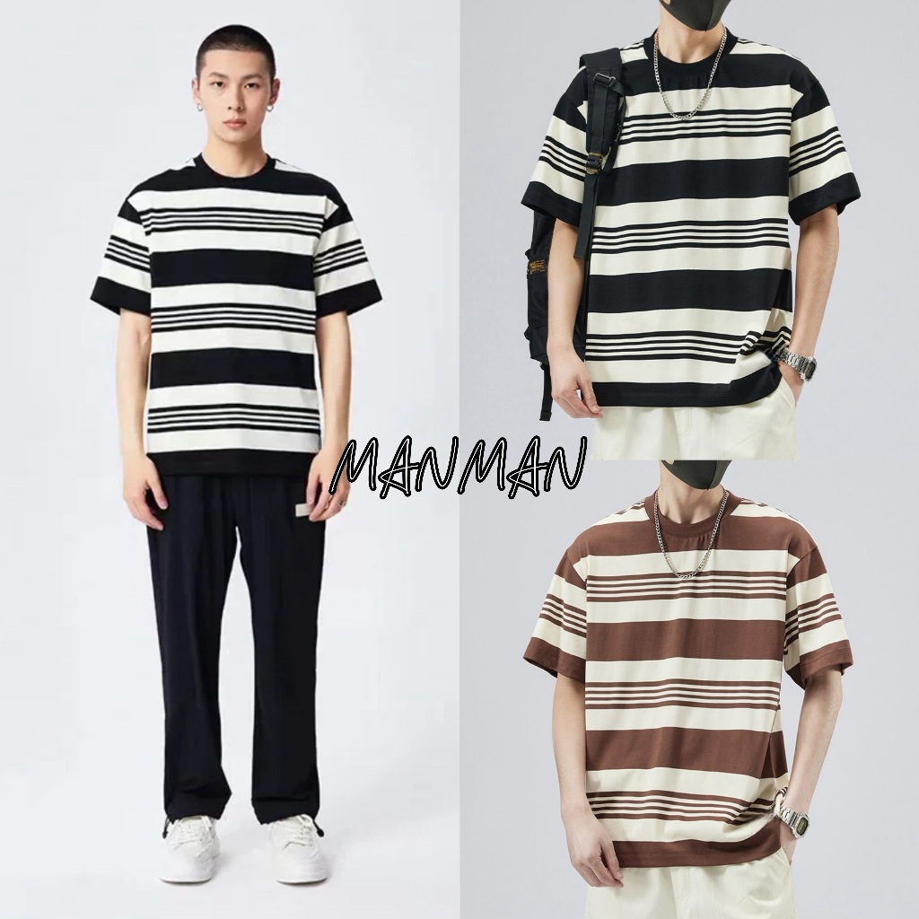 M＆M แขนสั้นผู้ชาย มีความรู้สึกของการออกแบบ เสื้อยืดลายทาง แขนสั้นฤดูร้อน ชุดคู่รัก เรียบง่ายใส่สบาย แบบหลวม
