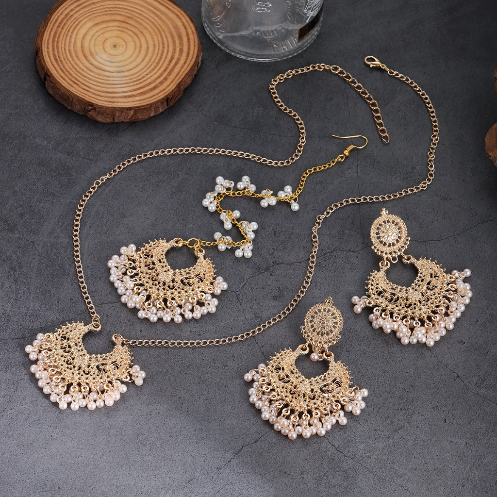 3 ชิ้น Boho Vintage Gold สีเครื่องประดับไข่มุกชุด Femme เรขาคณิตรูปหัวใจต่างหูสร้อยคอ Headdress งานแต่งงานเจ้าสาวเครื่องประดับ