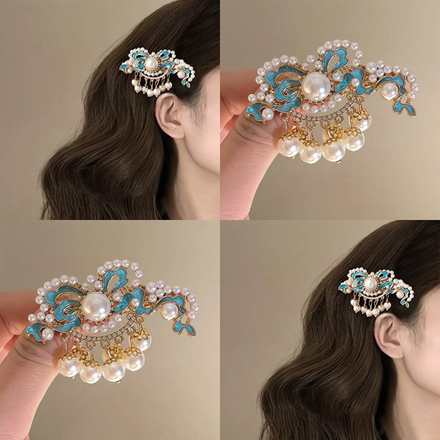 สไตล์จีน Burnt Blue Pearl กิ๊บติดผม High-End พู่มุกคลิปด้านข้างเครื่องประดับผมประณีต