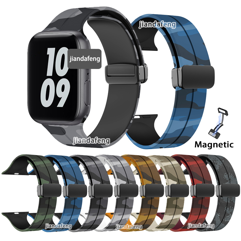 สายรัดซิลิโคนลายพราง D หัวเข็มขัดกีฬากลางแจ้งแม่เหล็กสําหรับ iWatch Series 9 8 7 SE 6 5 4 3 Ultra 40 มม.44 มม.42 มม.46 มม.41 มม.45 มม.49 มม.