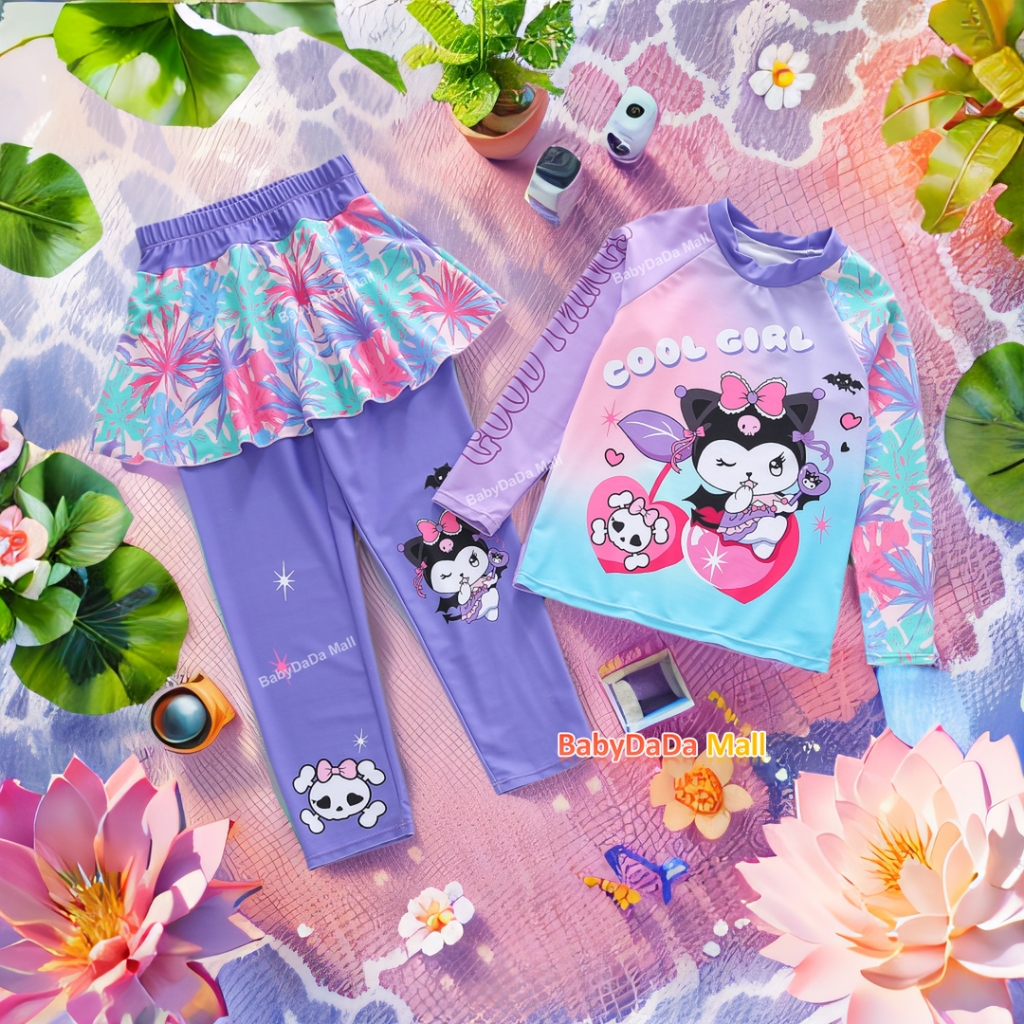 [Hot] [Ready Straw] Kuromi Girls ชุดว่ายน้ํากางเกงขายาวแขนยาวหนาอบอุ่นป้องกันรังสีอัลตราไวโอเลตนางเงือกสีชมพู