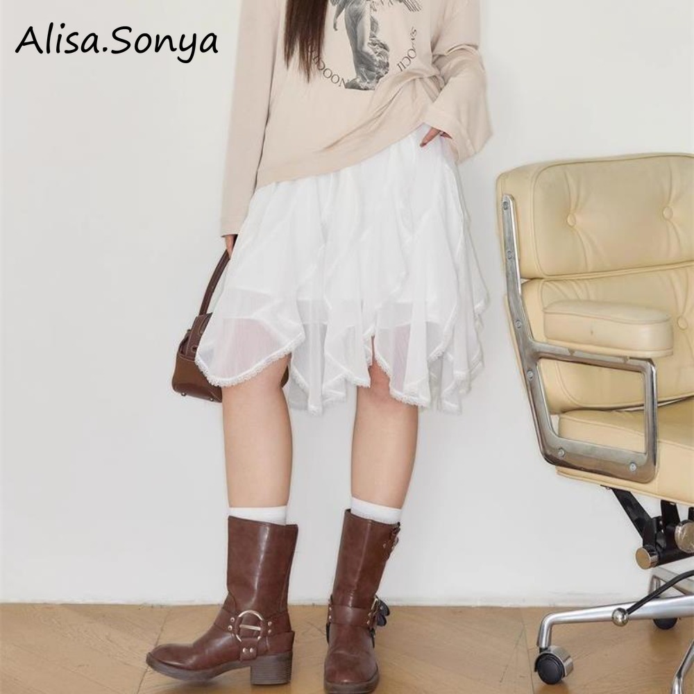 Alisa.Sonya กระโปรงไม่สมมาตร วินเทจ สีขาว สำหรับสาวอวบ 24AS1211
