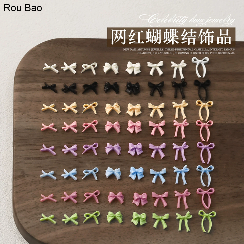 Rou Bao 100 ชิ้นเล็บผสมริบบิ้นโบว์ต่างๆสีสัน Girly เรซิ่นเล็บ Art DIY Charms ตกแต่ง