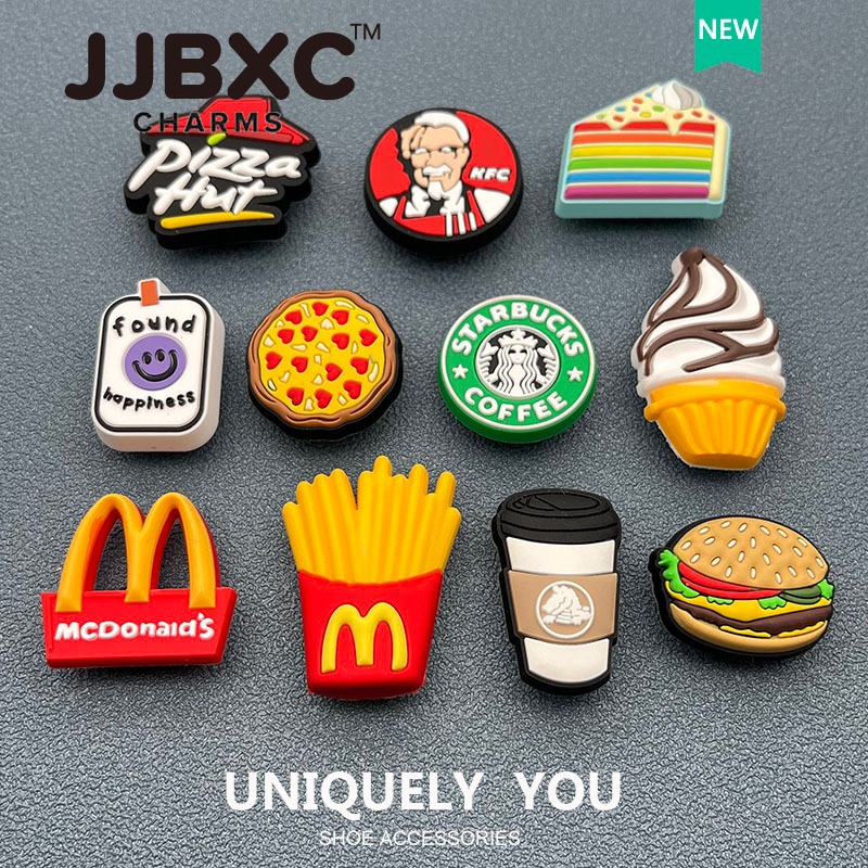 JJBXC ตัวติดรองเท้า charm การ์ตูนอาหาร เค้ก ไอศกรีม แฮมเบอร์เกอร์ กาแฟ น่ารัก แฟชั่น DIY อุปกรณ์ตกแต่งรองเท้า