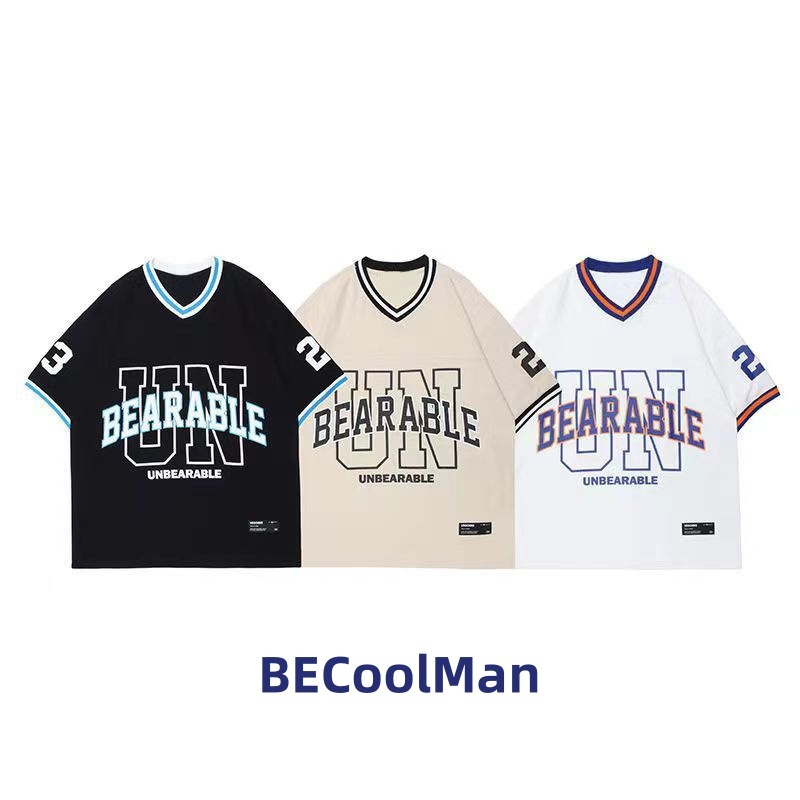 ⚡️BECoolMan⚡️ เสื้อยืดผู้ชาย คอวี ยอดนิยม ถนนสูง สไตล์อเมริกันฮิปฮอป กีฬาลำลอง