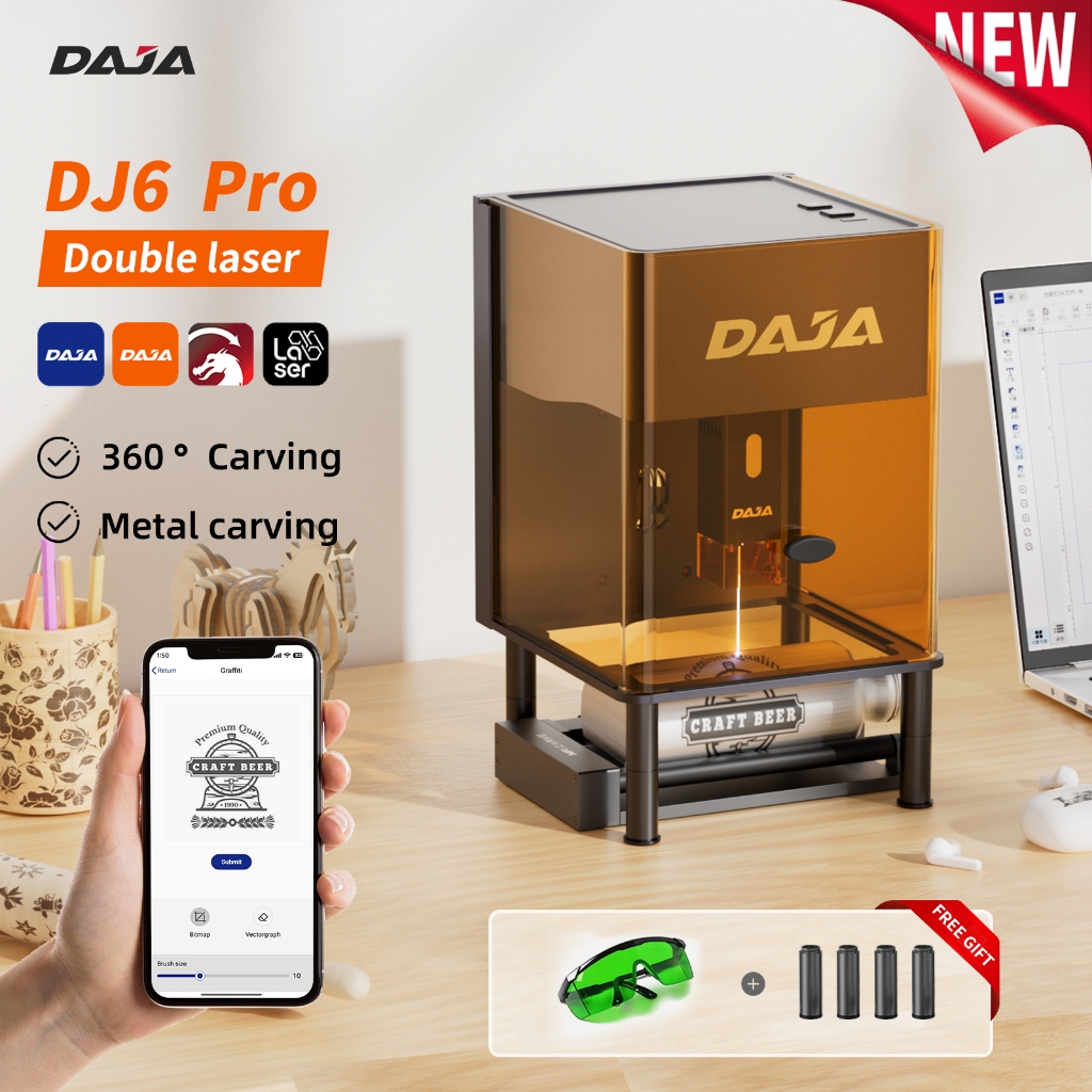Daja DJ6 Pro เลเซอร์แกะสลักเครื่องพิมพ์แกะสลักธุรกิจขนาดเล็กสําหรับเครื่องหมายอัตโนมัติ Trademark เครื่องประดับสร้อยคอการปรับแต่งตัดตัวอักษรแก้วโลหะแบบพกพาไม้