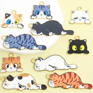 10ชิ้นน่ารักนอนแมวเหมียวคนชุดเคลือบเสน่ห์,สร้อยคอสร้อยข้อมือต่างหูพวงกุญแจและกระเป๋ากรณีหูฟังอุปกรณ์เสริมทําเองขี้เกียจลูกแมวจี้-ของขวัญที่สมบูรณ์แบบสําหรับคนรักแม