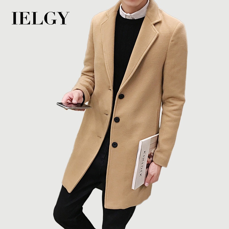 IELGY เสื้อโค้ทขนสัตว์ผู้ชายสไตล์เกาหลีสลิมกลางความยาวอบอุ่น