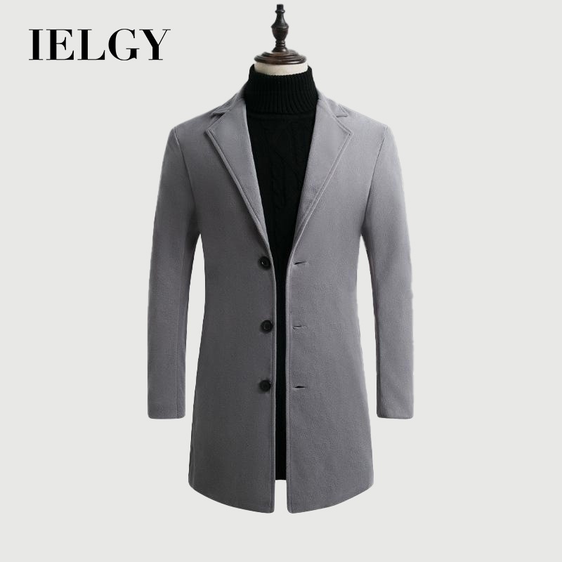IELGY เสื้อโค้ทผ้าขนสัตว์ยาวปานกลางทรงสลิมกระดุมแถวเดียวสไตล์เกาหลีของผู้ชาย