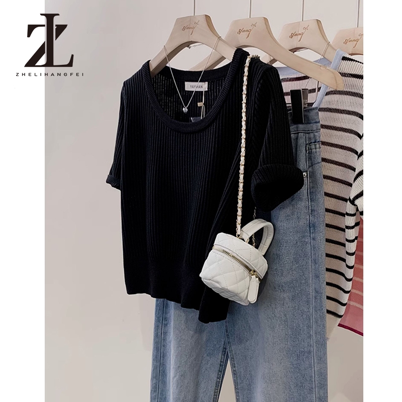 ZHELIHANGFEI เสื้อสเวตเตอร์ถักสีขาวคอ U เสื้อยืดคอกลมแขนสั้นคอใหญ่