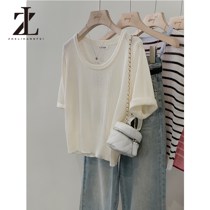 ZHELIHANGFEI เสื้อสเวตเตอร์ถักสีขาวคอ U เสื้อยืดคอกลมแขนสั้นคอใหญ่