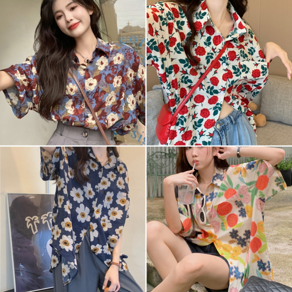 Betty house🌸เสื้อเชิ้ตลายดอกไม้ เสื้อเชิ้ตบาง สไตล์เกาหลี เรียบง่ายและสะดวกสบาย สไตล์อาร์ตๆ เสื้อเชิ้ตทรงหลวม ระบายอากาศได้ดี