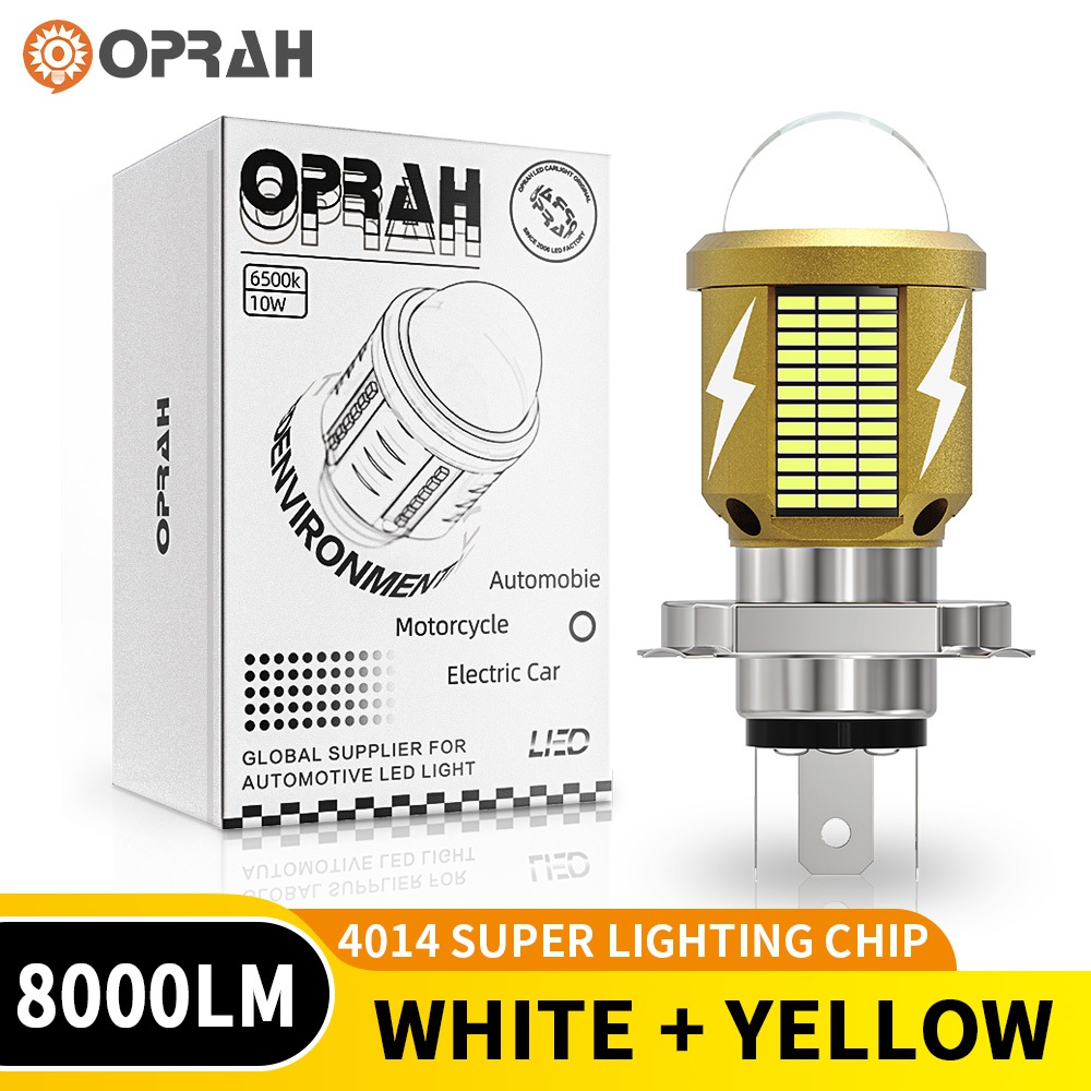 Oprah Super Bright H4 รถจักรยานยนต์ LED ไฟหน้า BA20D หลอดไฟ LED ระยะทาง Low Beam ไฟหน้ารถจักรยานยนต์ไฟโปรเจคเตอร์ 2 สีรถจักรยานยนต์หมอก 8,000LM