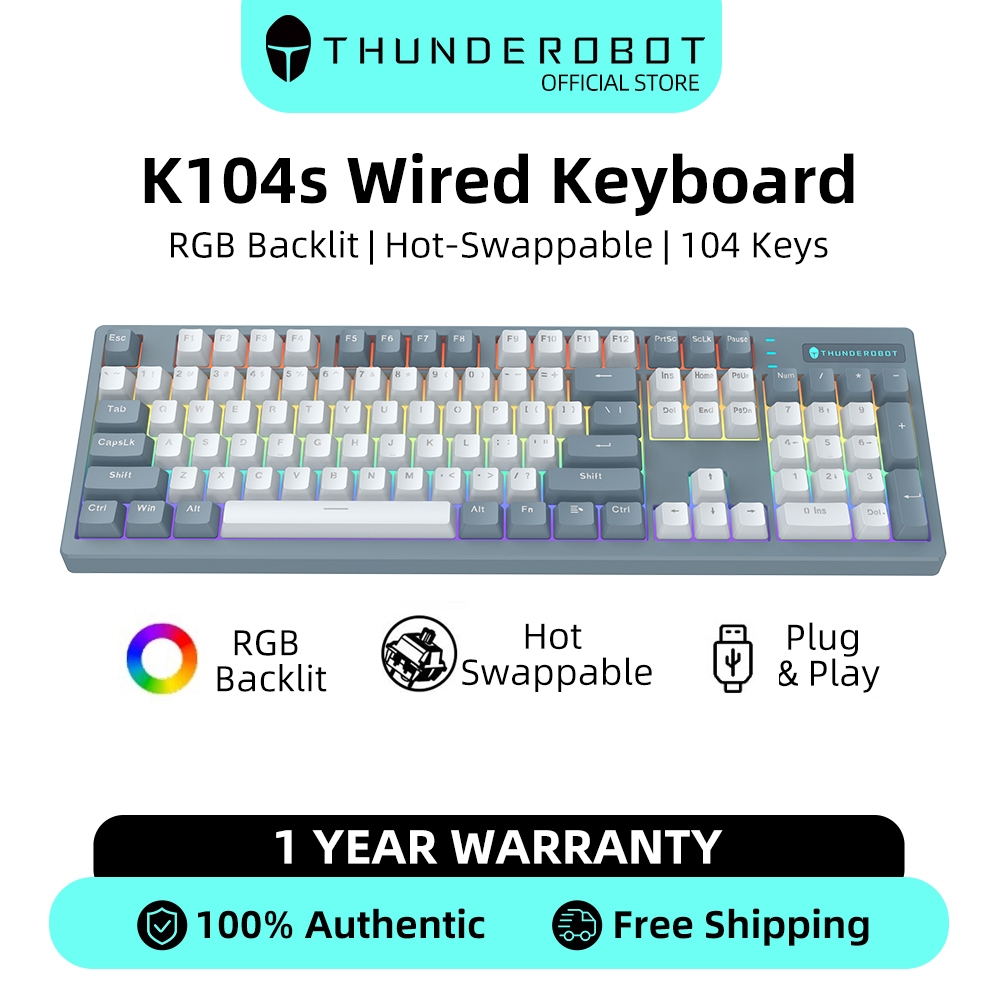 คีย์บอร์ดเชิงกลแบบมีสาย Thunderobot K104s 104 คีย์ คีย์บอร์ดสำหรับเล่นเกม ไฟแบ็คไลท์ RGB และแถบไฟด้านหน้า สลับเปลี่ยนได้แบบฮอตสวอป ตัวปรับเสถียรภาพที่ปรับแต่งอย่างแม่นยำ