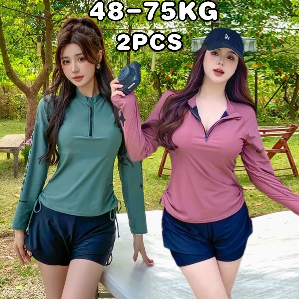 ✨48-75KG✨ ชุดว่ายน้ําสาวอวบ ทูพีช ชุดว่ายน้ําแขนยาว มีเชือกผูก ขนาดใหญ่ ผ้าแห้งเร็ว ชุดว่ายน้ําผู้หญิงทูพีช