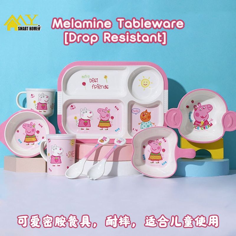 เมลามีน Peppa Pig ถ้วยนมเด็กสีชมพู แก้วน้ํา จานเด็ก ชามอาหารเสริม ช้อนยาว ชามก๋วยเตี๋ยว ทนตก