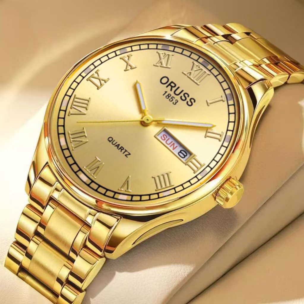 ORUSS รัส ต้นฉบับ ผู้ชายสแตนเลสทองหรูหราปฏิทินคู่ส่องสว่างกันน้ํานาฬิกาแฟชั่นเวอร์ชั่นเกาหลีนาฬิกาข้อมือควอตซ์