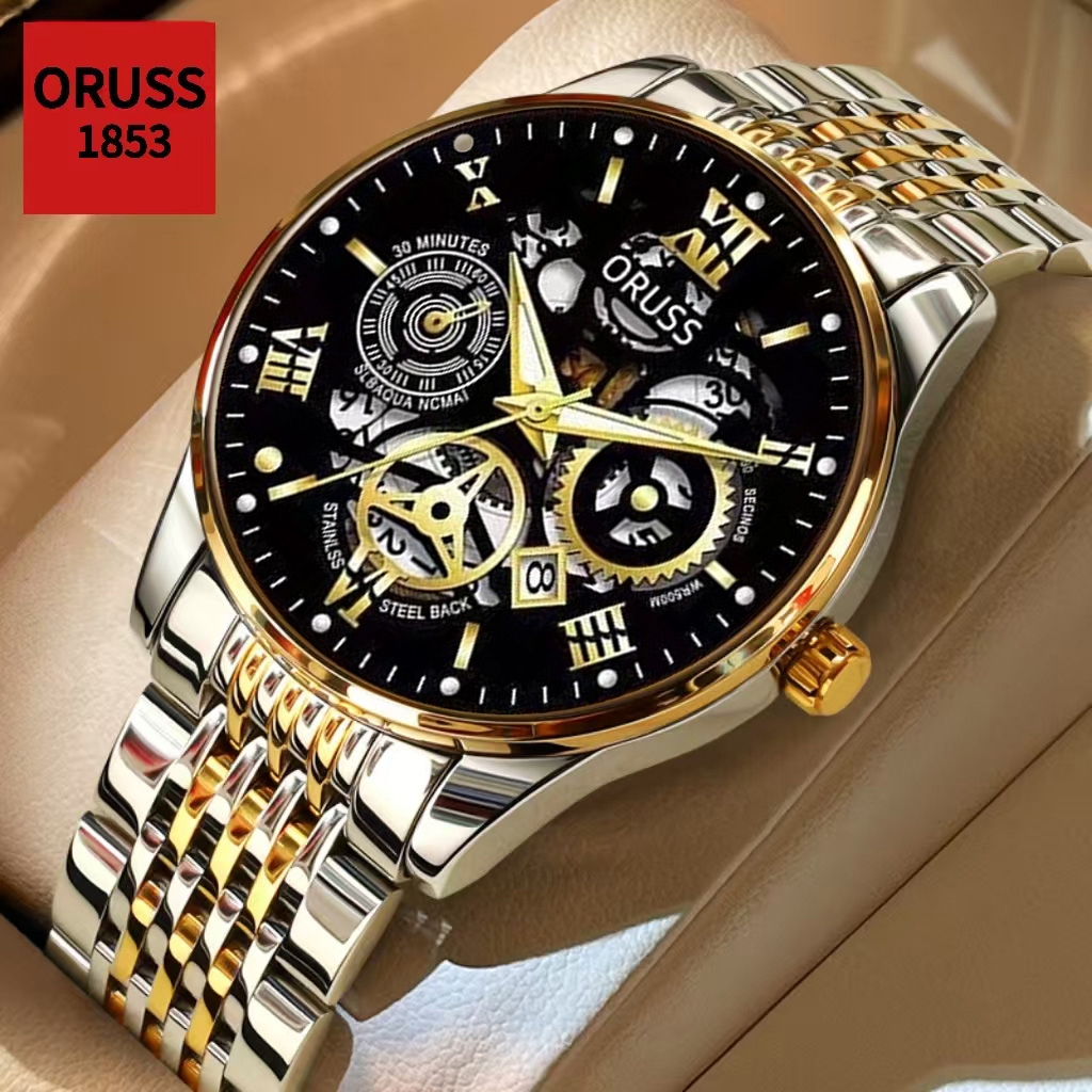 ORUSS Original Mens Stainless Steel Hollow Luxury Calendar Luminous นาฬิกาแฟชั่น