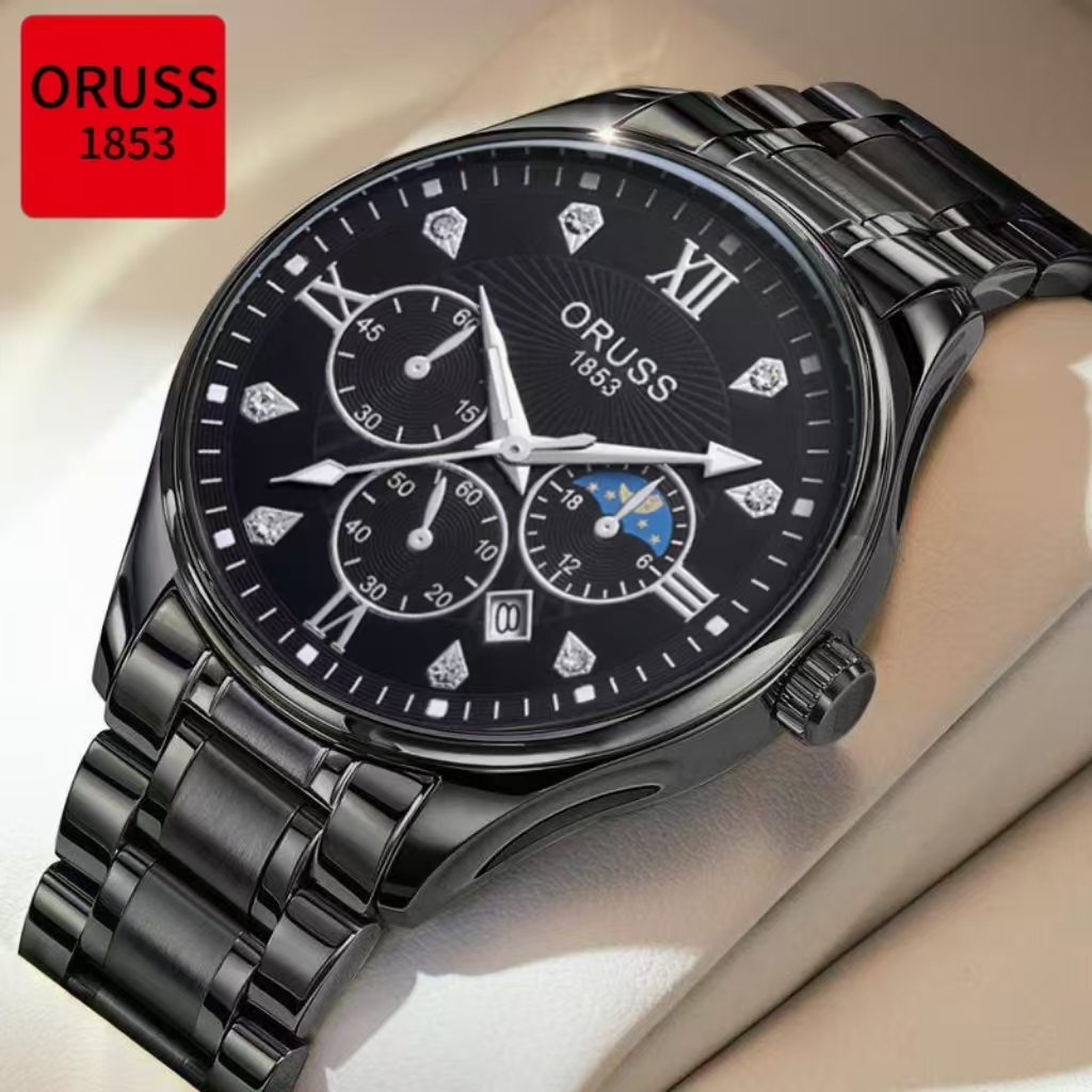 ORUSS รัส ต้นฉบับ ผู้ชายสแตนเลสหรูหราปฏิทินส่องสว่างกันน้ําสีดํานาฬิกากีฬาแฟชั่นเกาหลีรุ่นควอตซ์นาฬิ