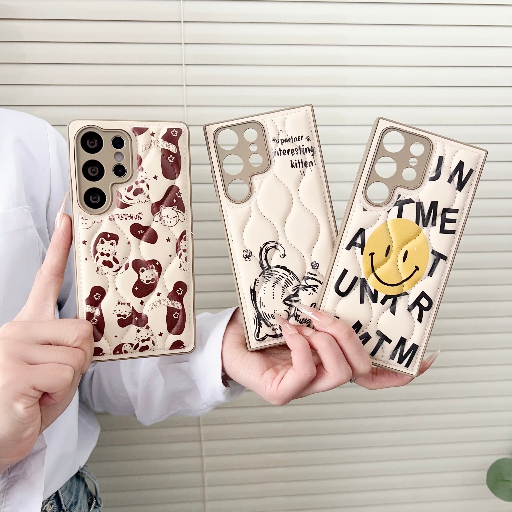 แฟชั่น แจ็คเก็ตลง หน้ายิ้ม ลูกแมว เคส Samsung Galaxy S25 Ultra S24 Ultra S23 Ultra S25 Plus + Case ใหม่ หรู ป้องกันการตก ผู้หญิง นุ่ม  นุ่ม ซัมซุง เคส