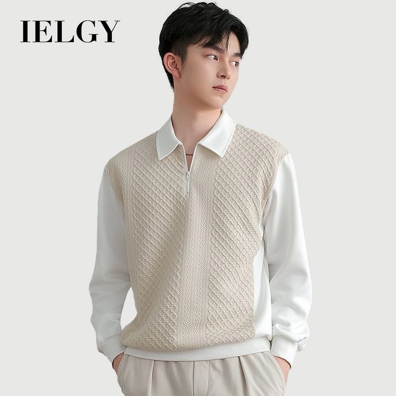 IELGY เหงื่อผู้ชายฤดูใบไม้ผลิและฤดูใบไม้ร่วงลําลองแขนยาว โปโล เย็บซิปผู้ชายฤดูใบ
