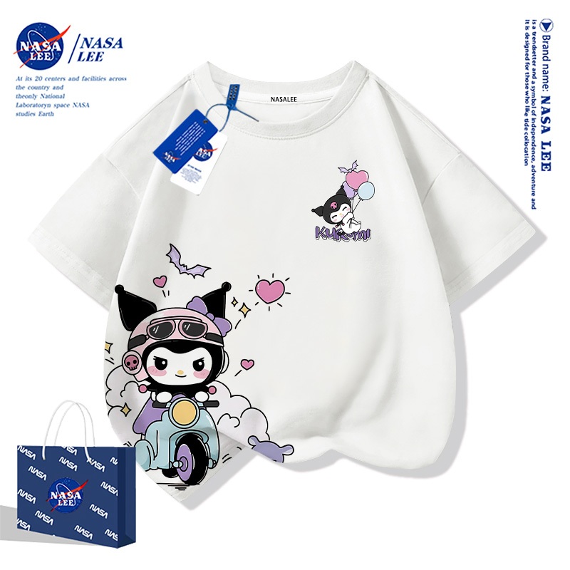 NASA ร่วมกับ Kuromi เสื้อยืดแขนสั้นผ้าฝ้ายสีขาวสำหรับเด็กผู้หญิงรุ่นใหม่ 2025 แบบแฟชั่นสไตล์