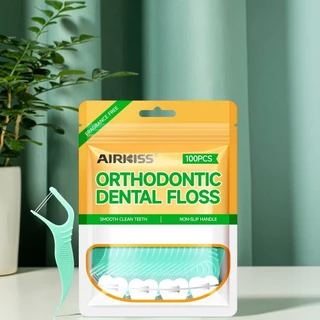 AIRKISS ไหมขัดฟันแบบแท่ง ไหมสองเส้น 100 ชิ้น/แพ็ค เหมาะสำหรับจัดฟัน ไหมขัดฟัน