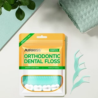AIRKISS ไหมขัดฟันแบบแท่ง ไหมสองเส้น 100 ชิ้น/แพ็ค เหมาะสำหรับจัดฟัน ไหมขัดฟัน