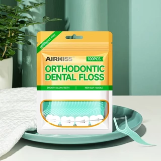 AIRKISS ไหมขัดฟันแบบแท่ง ไหมสองเส้น 100 ชิ้น/แพ็ค เหมาะสำหรับจัดฟัน ไหมขัดฟัน