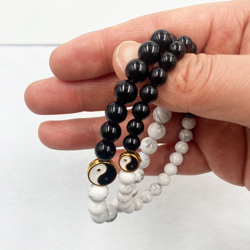 Tai Chi สร้อยข้อมือคู่สร้อยข้อมือหินธรรมชาติ Obsidian&Howlite 6 มม.8 มม.ลูกปัดของขวัญเพื่อนที่ดีที่สุด