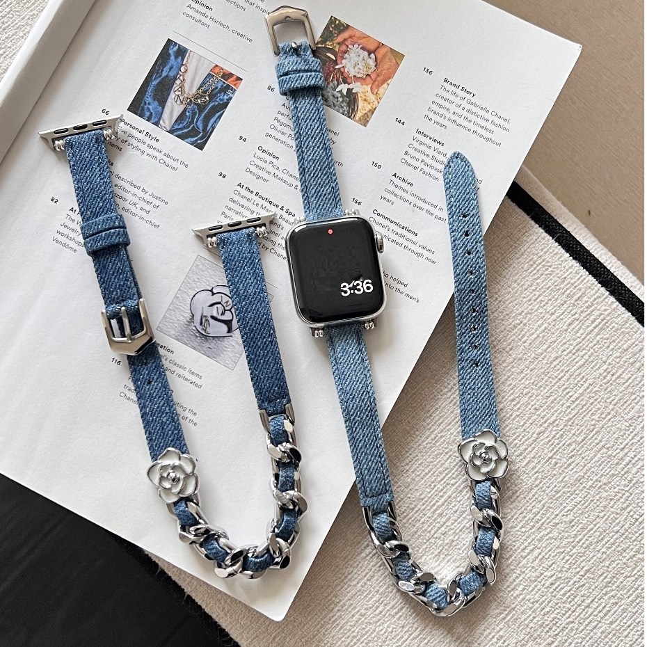New Elegant Camellia Denim Stainless Steel Bracelet I Watch Strap Series 10 9 8 Series7 Series6 5 4 