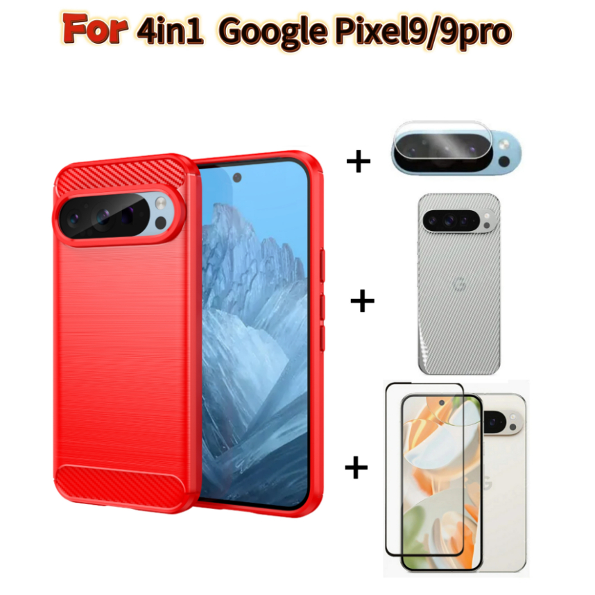 (4in1) สําหรับ Google pixel9 9pro Pixel 9 Pro XL Brushed เคสโทรศัพท์ + ฟิล์มกระจกนิรภัย + ฟิล์มเลนส์