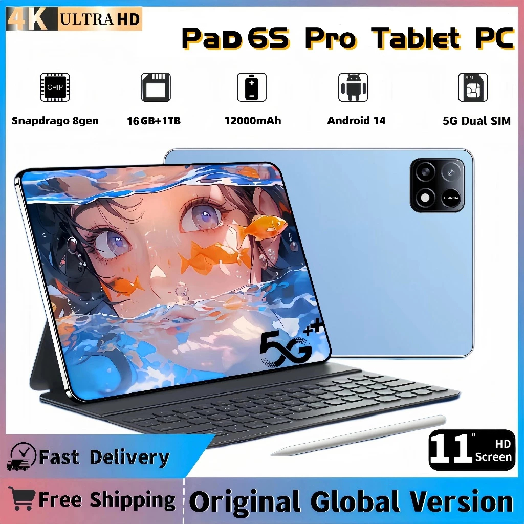 2025 Original Pad 6s Pro แท็บเล็ต Android14 Snapdragon888 11 นิ้ว HD 16GB + 1TB 20000mAh 5G Dual SlM