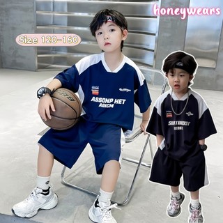 honeywears⚡️พร้อมส่ง⚡️ชุดเซ็ตเด็กชายฤดูร้อน เสื้อผ้าแขนสั้นกางเกงขาสั้น แฟชั่นและหล่อ แบบกีฬาบางๆ ระบายอากาศ ไซส์ 120-160