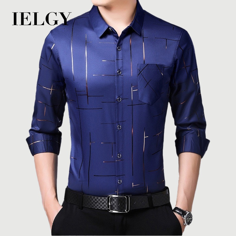 IELGY เสื้อเชิ้ตแขนยาวผู้ชายบางปราศจากเหล็กธุรกิจท็อปส์ซูปั๊มร้อนแบบสบาย ๆ
