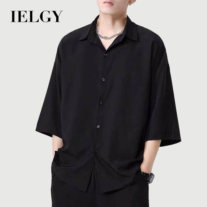 IELGY เสื้อเชิ้ตผ้าไหมน้ําแข็งสีดําบางของผู้ชายหลวมสบาย ๆ โปโลคอปก – โปรปัง