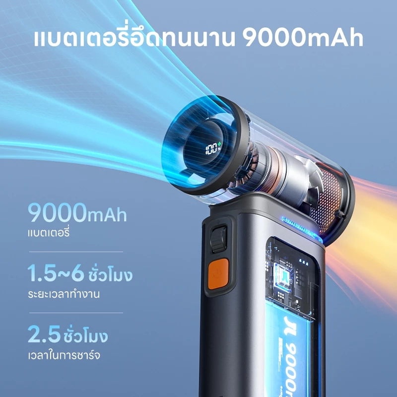 JisuLife 3 in 1 พัดลมพกพา แบตเตอรี่ 9000 mAh ชาร์จได้ พร้อมฟังก์ชั่นกันฝุ่น ขนาดเล็ก พร้อมความเร็ว 1-100 ระดับ จอแสดงผล LED ตั้งแคมป์กลางแจ้ง thumbnail 4