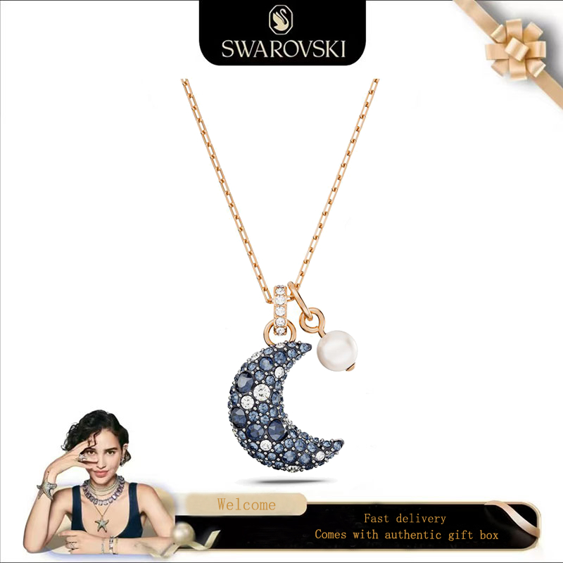 Swarovski (ใหม่) สร้อยคอแฟชั่นผู้หญิง Rose Gold Moon พลอยคริสตัลหลากสี Luna จี้สร้อยคอของขวัญวันวาเลนไทน์ของขวัญวันเกิด