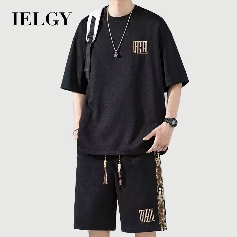 IELGY ชุดวาฟเฟิลชายฤดูร้อน บวก ขนาดลําลองแขนสั้นครึ่งความยาวกางเกงชุดลําลอง