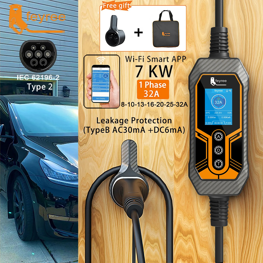 Feyree เครื่องชาร์จ EV Type2 32A 7KW EVSE Wi-Fi ควบคุมผ่านแอพ ปรับเวลาได้ สําหรับใช้ในบ้าน และกลางแจ้ง