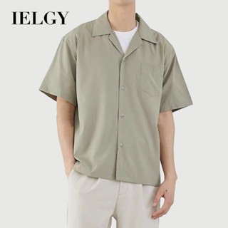 IELGY แขนสั้นผู้ชายหลวม ฮอง สไตล์ญี่ปุ่นเสื้อเชิ้ตสีทึบ