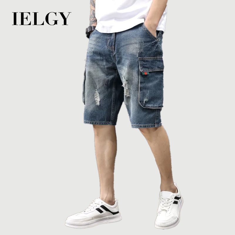 IELGY เครื่องมือผู้ชายหลายกระเป๋าห้าจุดหลวมสไตล์ฮ่องกงกางเกงขาสั้นผ้ายีนส์