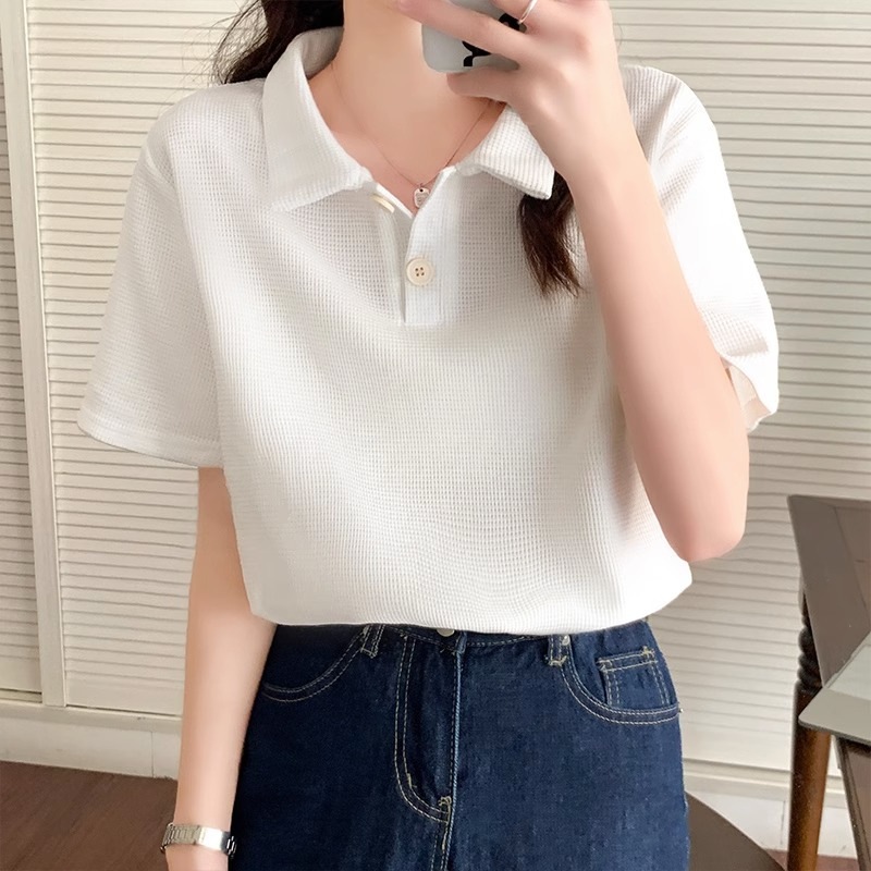 ผู้หญิงธรรมดาสบายๆหลวม เสื้อโปโลวาฟเฟิล สีทึบหลวม เสื้อแขนสั้น