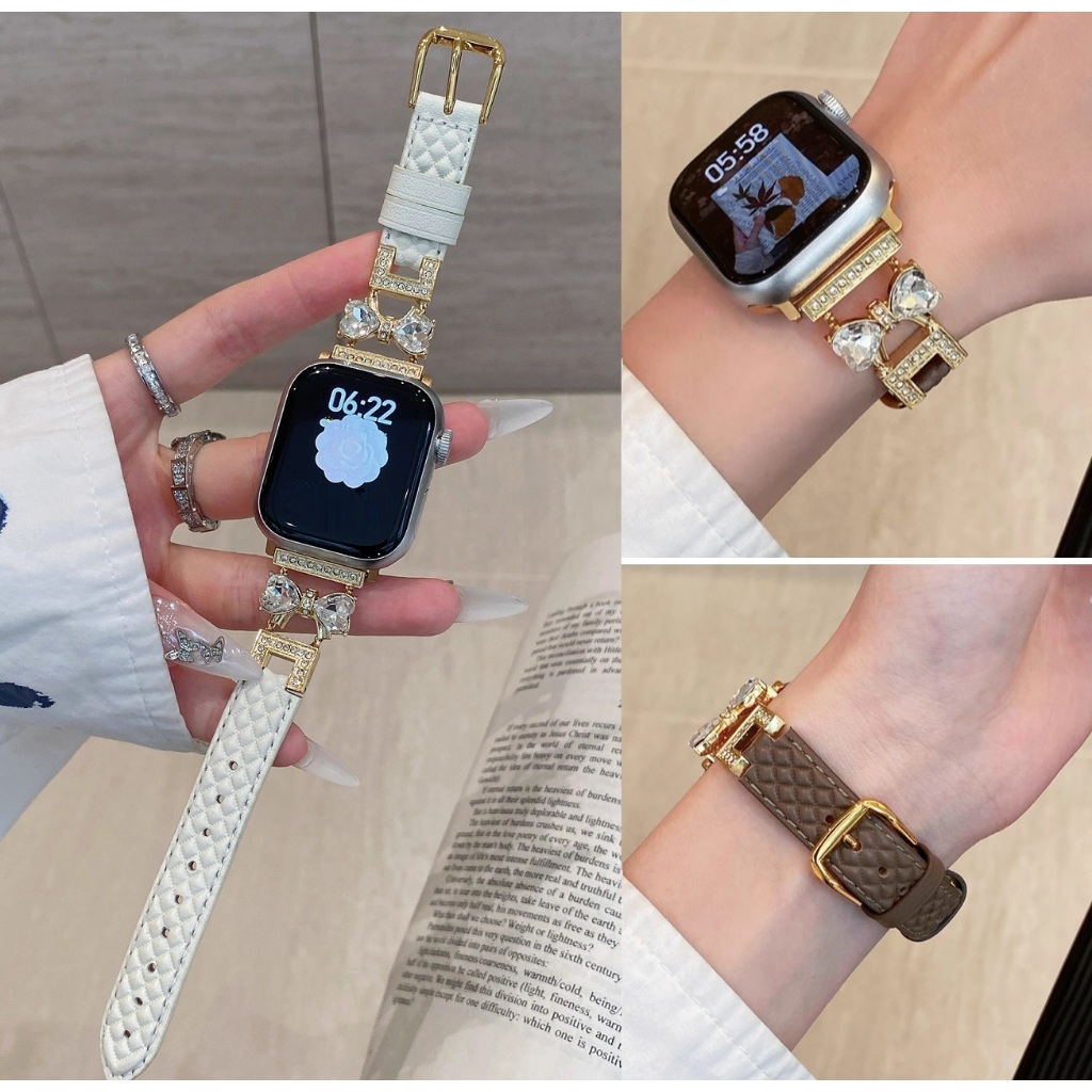 Luxurious Diamond bowknot Stylish Design Strap i Watch Series11 10 9 8 7 6 5 4 3 21,SE,SE2,Ultra Strap Leather iWatch Exquisite band Size 46mm 49mm 41mm 45mm 40 42mm 44mm สาย i watch Strap