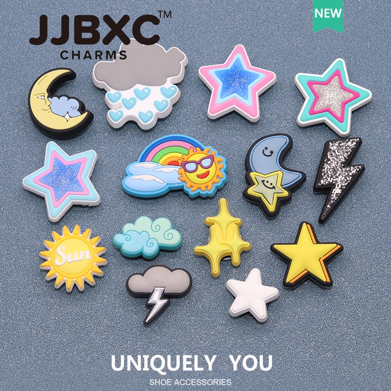 JJBXC ตัวติดรองเท้า charm รองเท้าพิเศษตกแต่งด้านบนหัวเข็มขัดชุดดวงจันทร์ ดาว เมฆ อุปกรณ์ตกแต่งรองเท้า